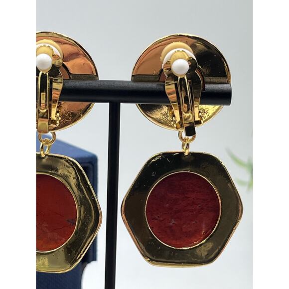 Lele Sadoughi Geo Bezel Red Harvest Jewel Drop Gold Plated Clip Runway Earring - Picture 9 of 16